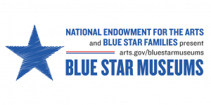 A blue star with the text "national endowment for the arts and Blue Star Families present BLUE STAR MUSEUMS