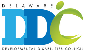 Logo of the Delaware Developmental Disabilities Council. The acronym "DDC" is prominently displayed, with the first two letters "D" in shades of blue and the third letter "C" stylized in green with a swoosh. The word "DELAWARE" appears above in black letters, and "DEVELOPMENTAL DISABILITIES COUNCIL" is written below in black capital letters.